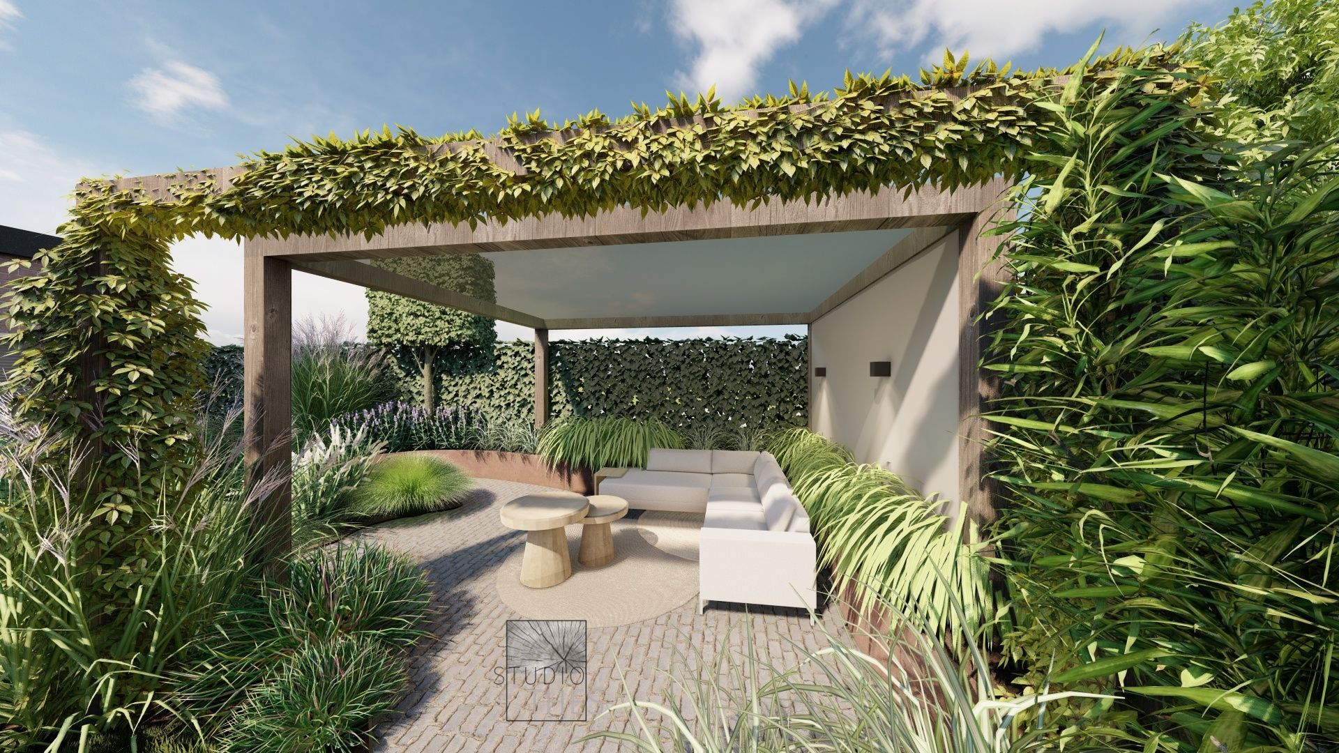 Een impressie van een terras met een pergola en een bank.