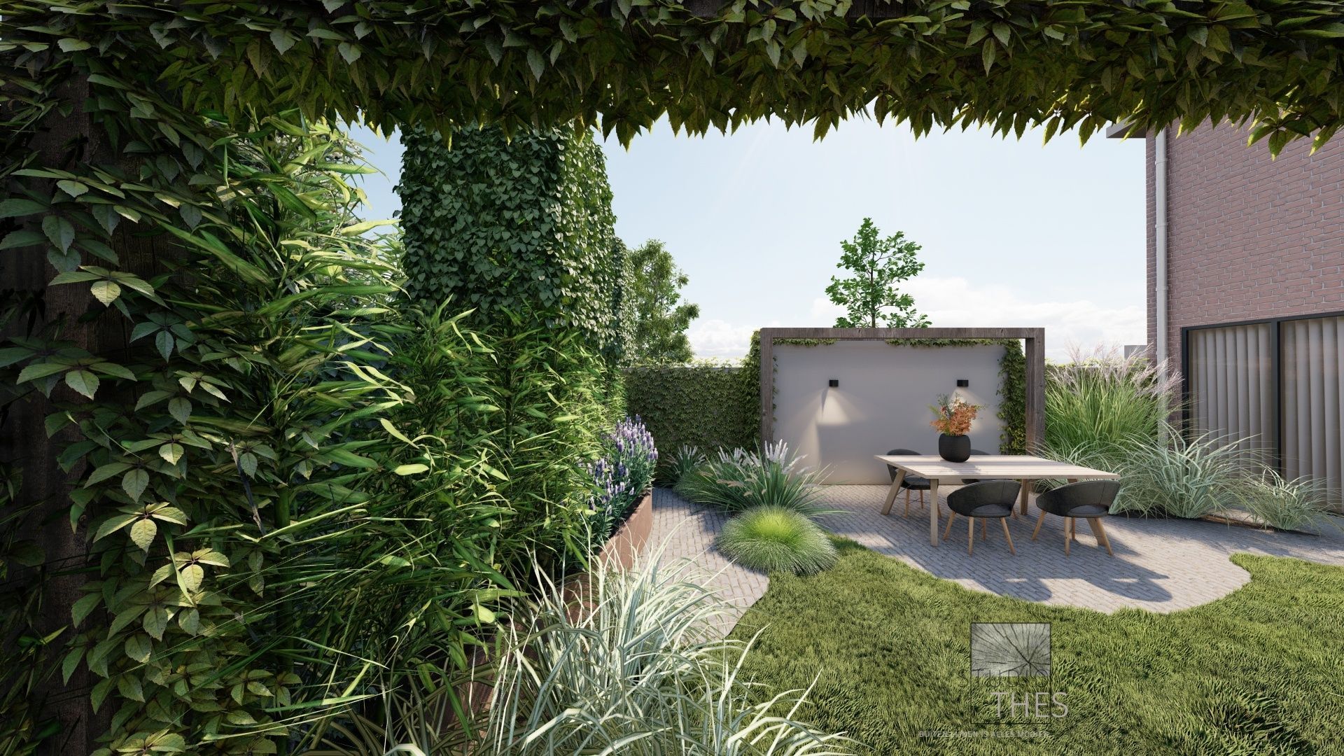 Een impressie van een tuin met een tafel en stoelen.