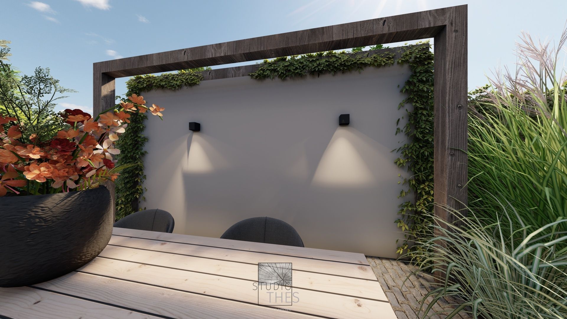 Een 3D-weergave van een terras met een muur en planten.