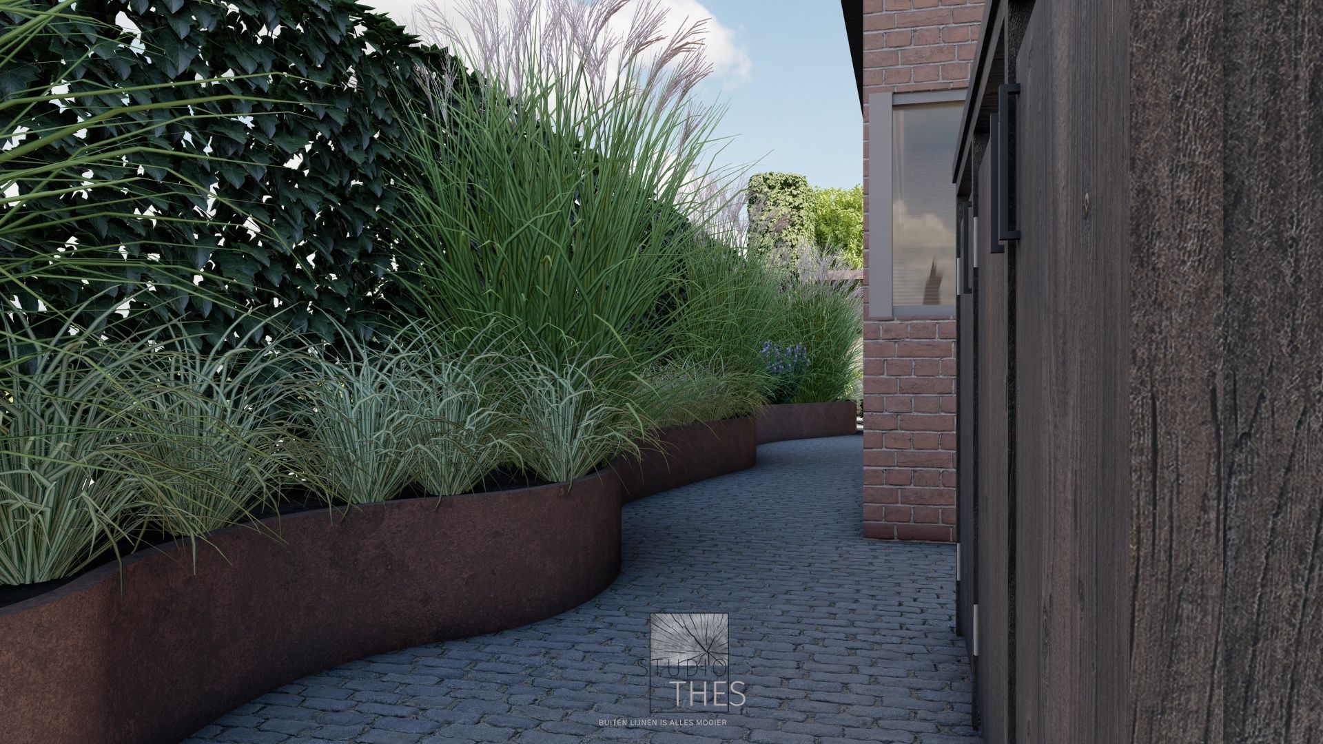 Een bakstenen gebouw met een looppad er naartoe, omgeven door planten.