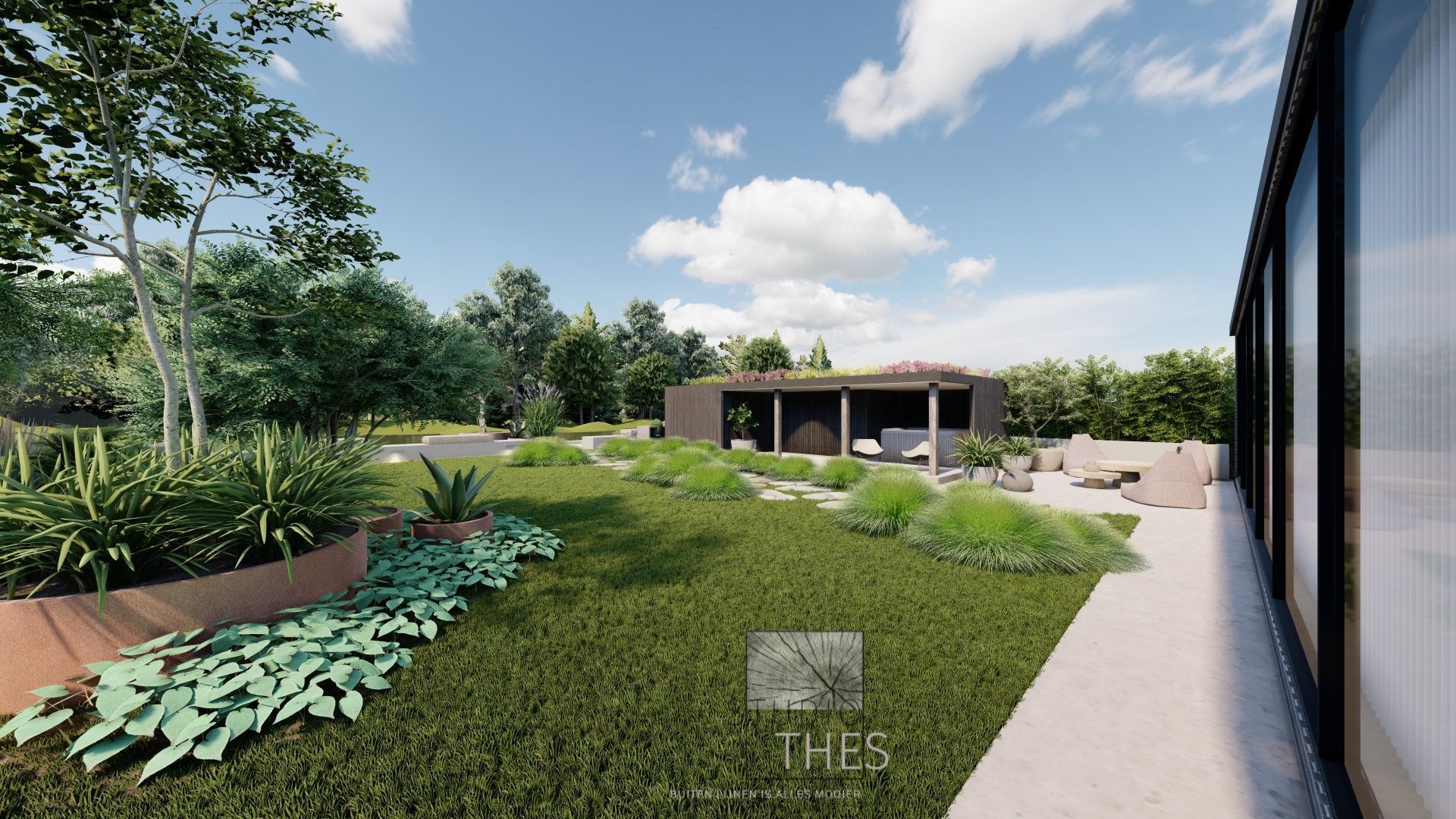 Een impressie van een huis met een groot gazon en overkapping