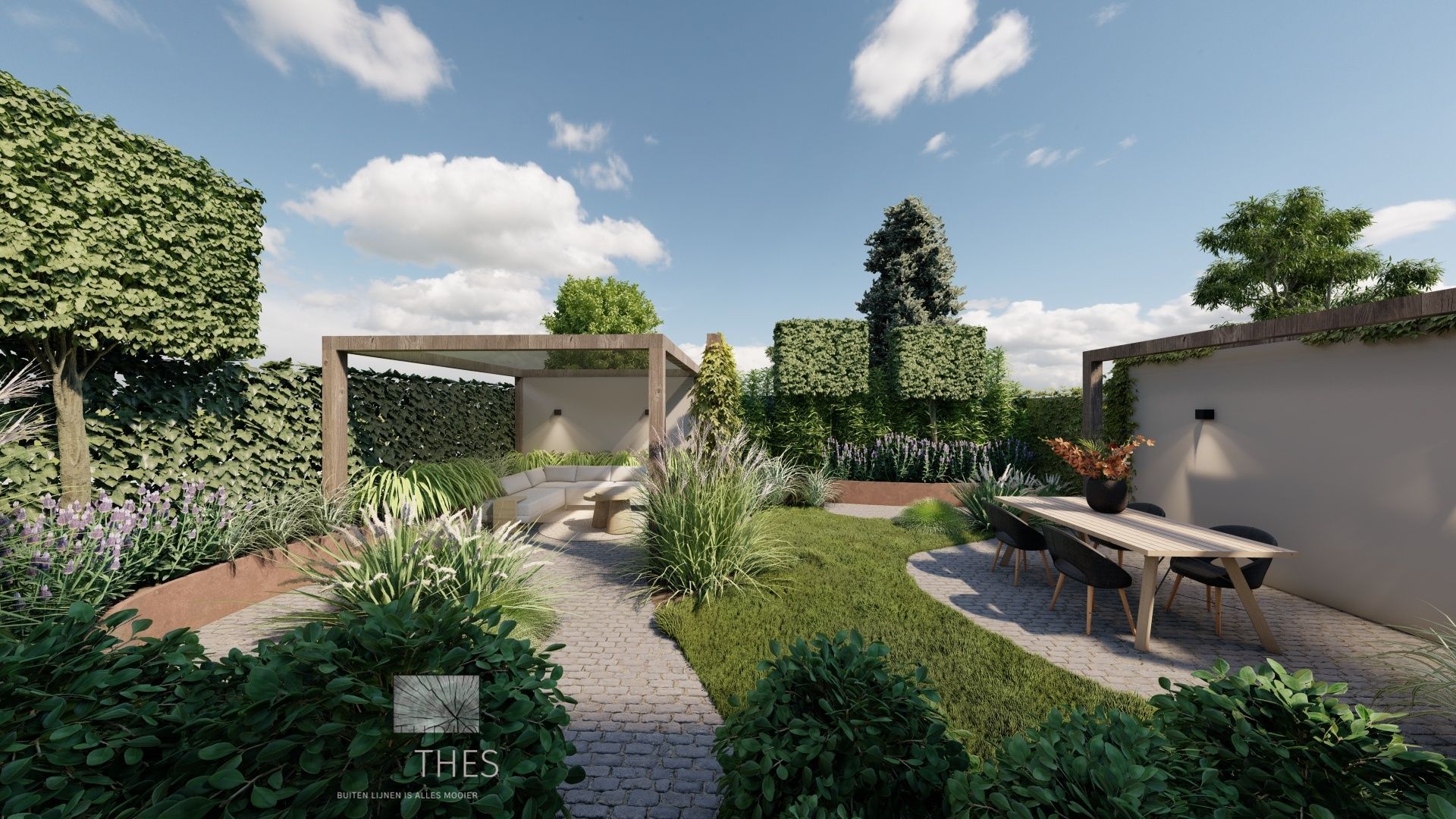 Een impressie van een tuin met een tafel en stoelen.