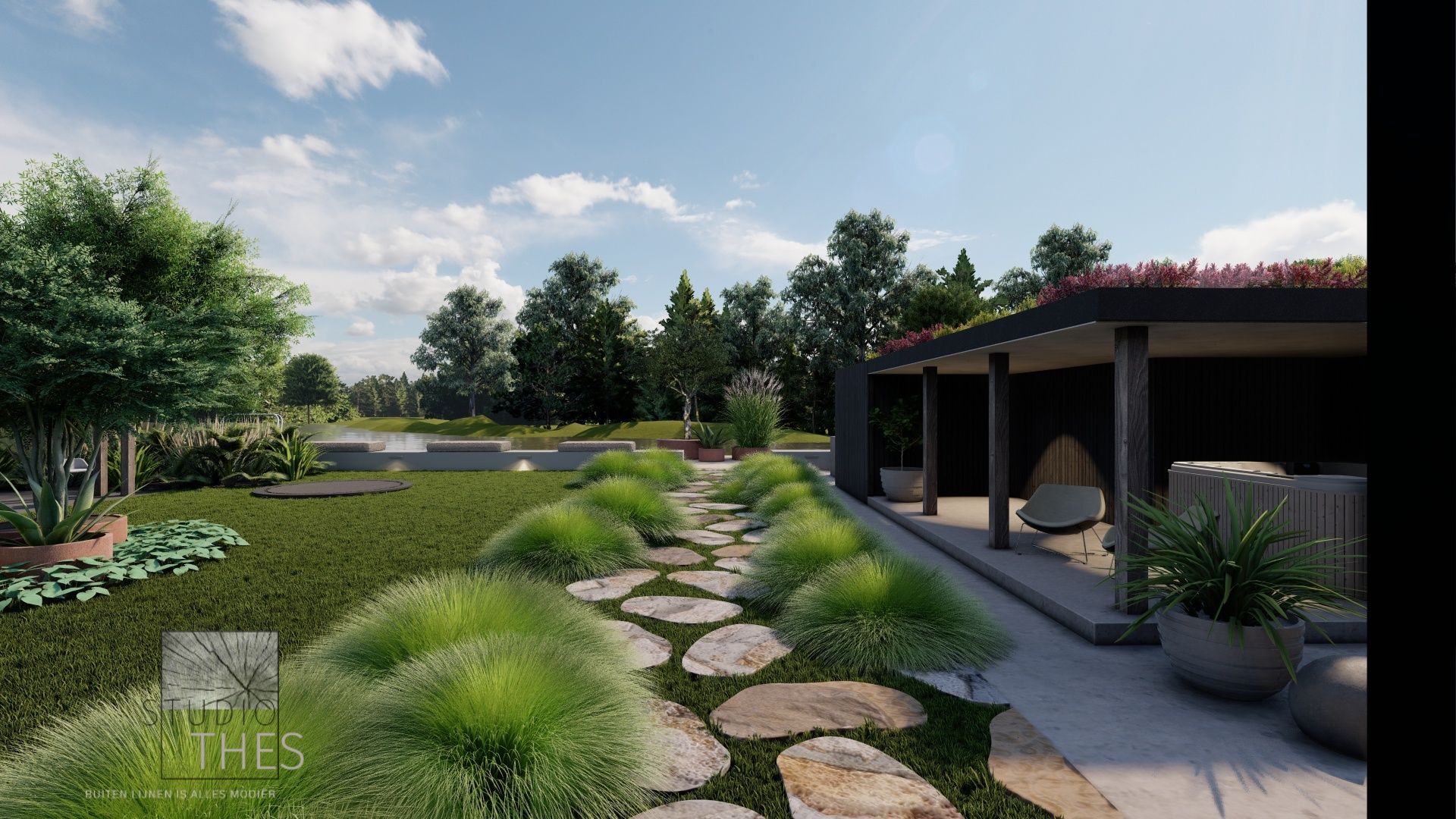 Een weergave van een tuin met een stenen pad dat naar een vlonder leidt.