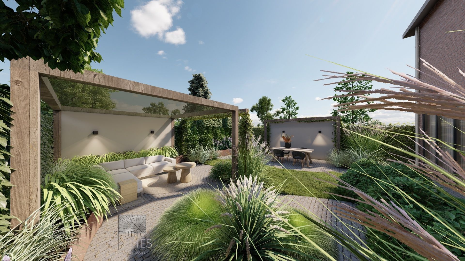 Een impressie van een achtertuin met een pergola en een tafel.