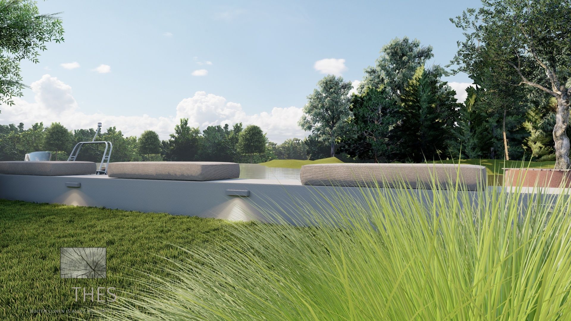 een foto van een ontwerp van een buitenbank met kussen achter grassen