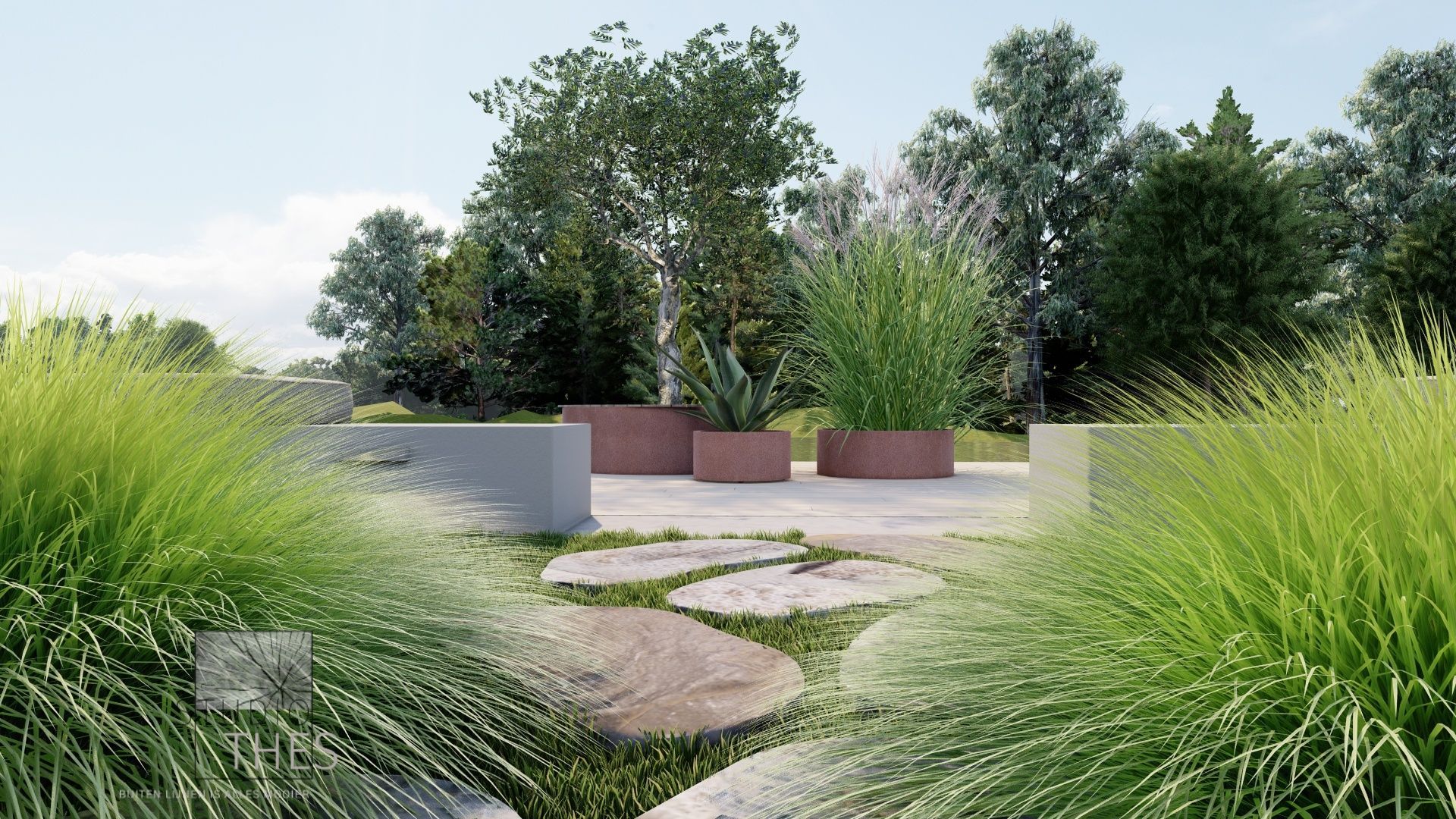 Een weergave van een tuin met bomen, gras en rotsen.