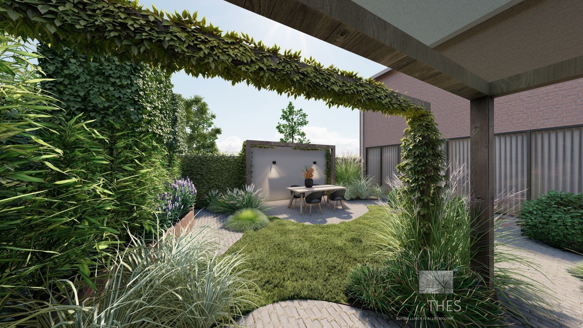 Een impressie van een tuin met een tafel en stoelen onder een pergola.