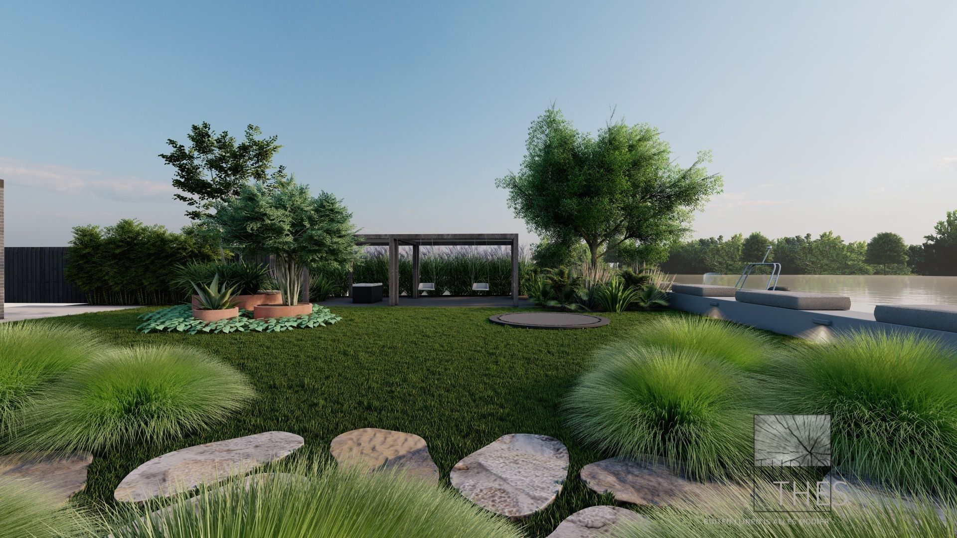 Een 3D-weergave van een weelderige groene tuin met bomen en rotsen.