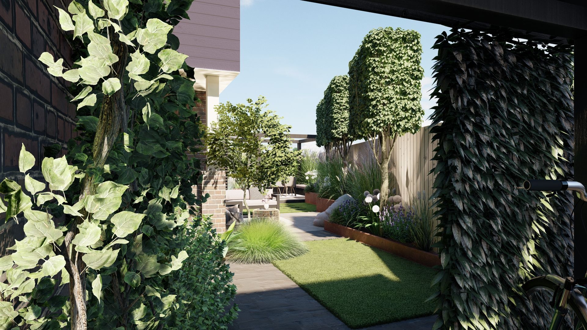 Een impressie van een achtertuin met een weelderig groen gazon en bomen.