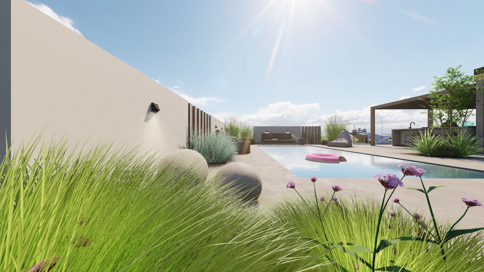 Een 3D-weergave van een zwembad met bloemen op de voorgrond.