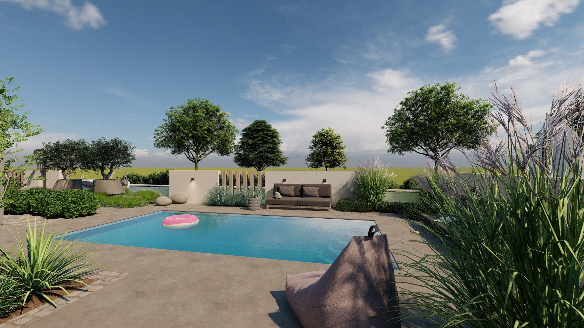 Een impressie van een zwembad in een achtertuin, omgeven door bomen.