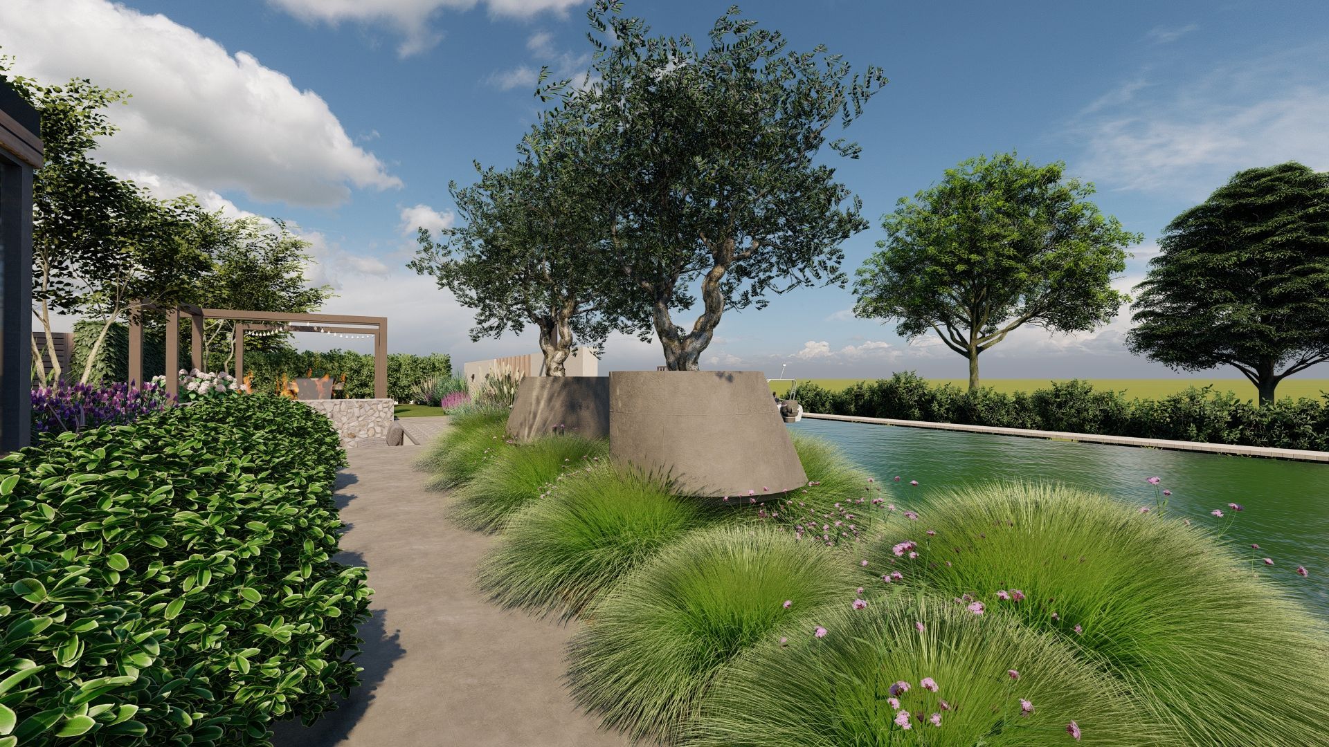 Een impressie van een tuin met zwembad en bomen.