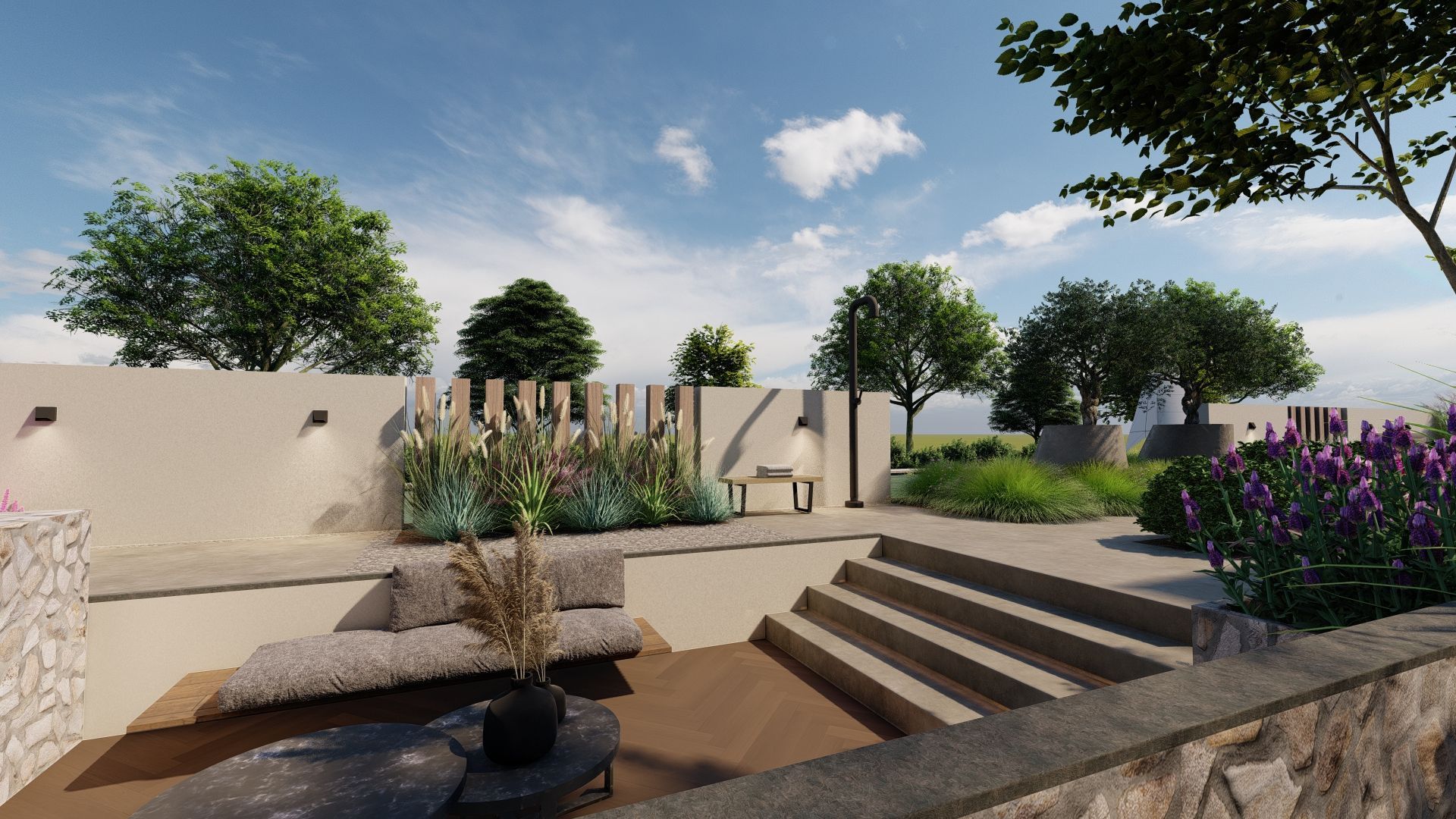 Een impressie van een patio met trappen en bomen.