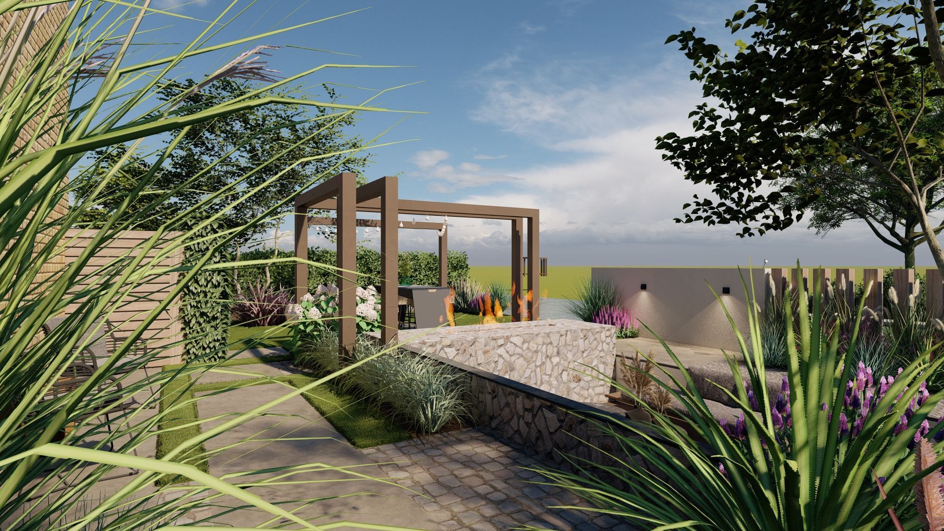 Een 3D-weergave van een tuin met een vuurplaats en een pergola.
