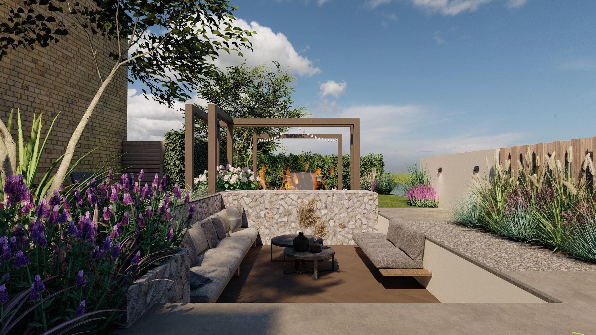 Een impressie van een terras met vuurplaats en paarse bloemen.