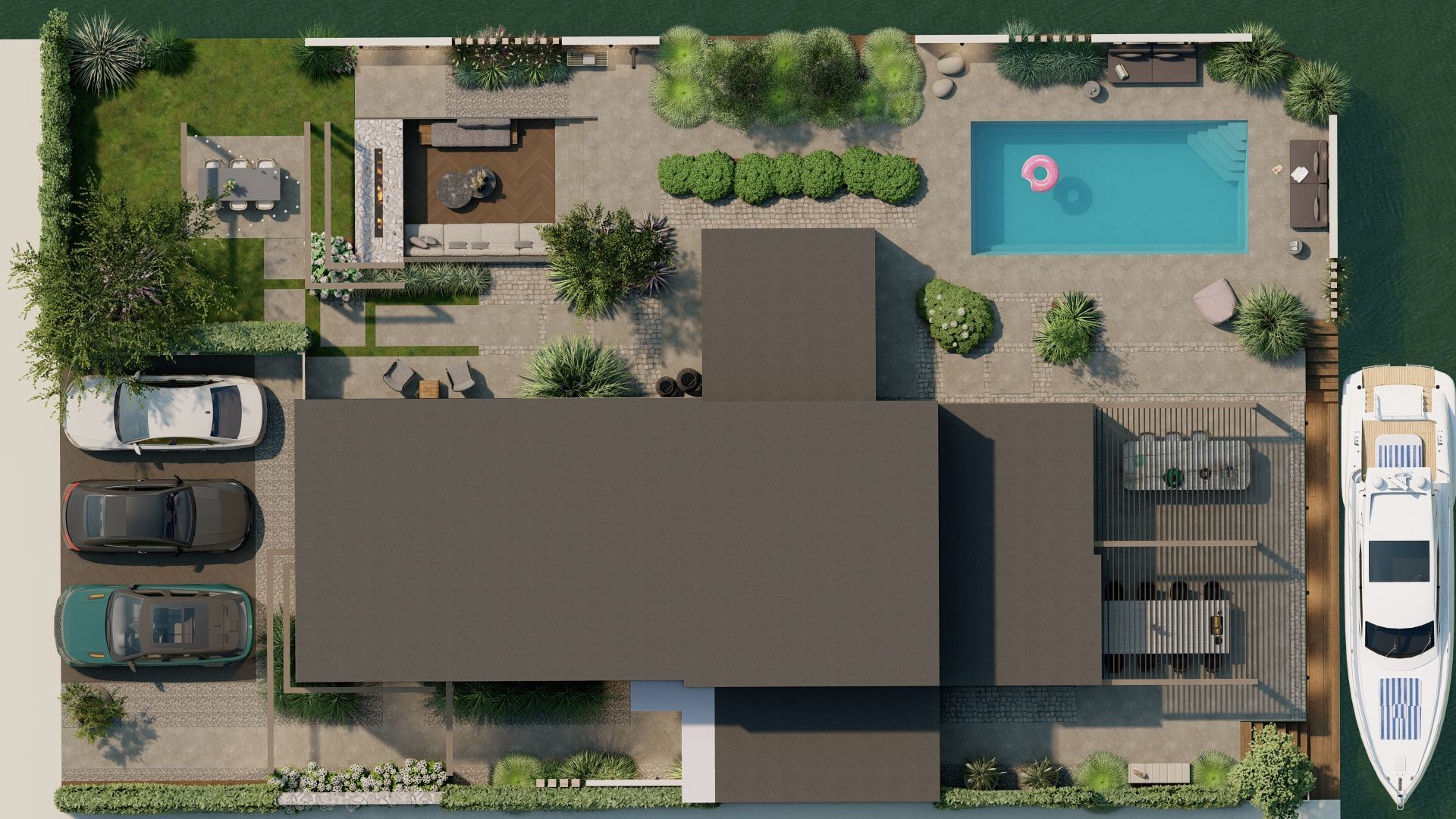 Een luchtfoto van een huis met een zwembad en een boot