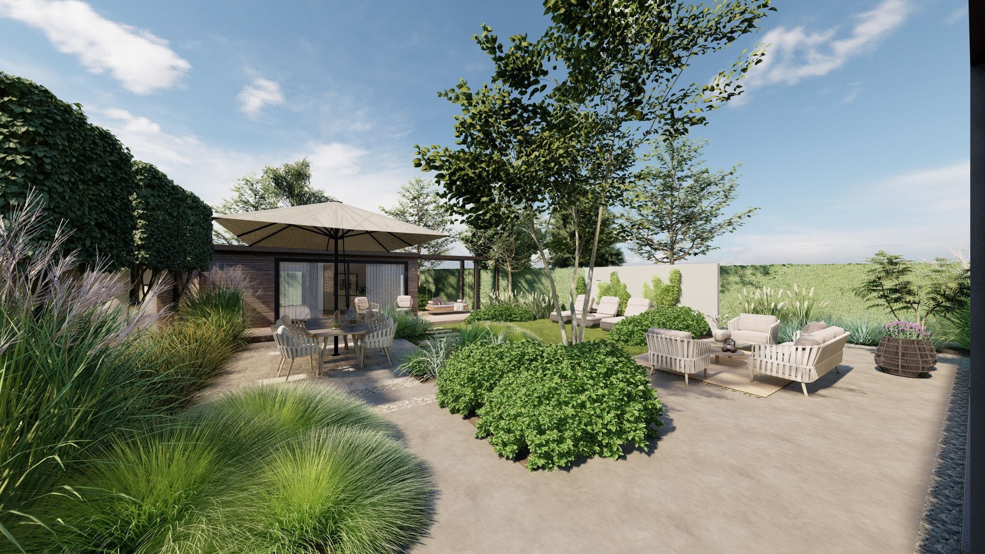 Een impressie van een patio met een huis op de achtergrond.