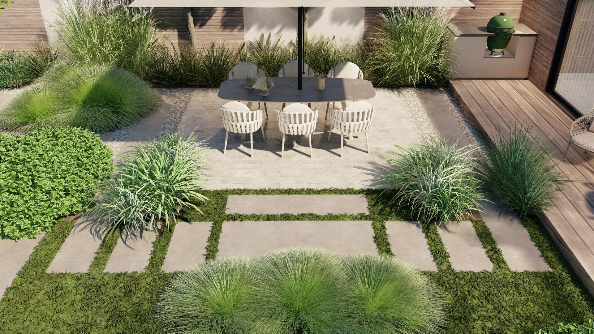 Er staat een tafel met stoelen in het midden van de tuin.