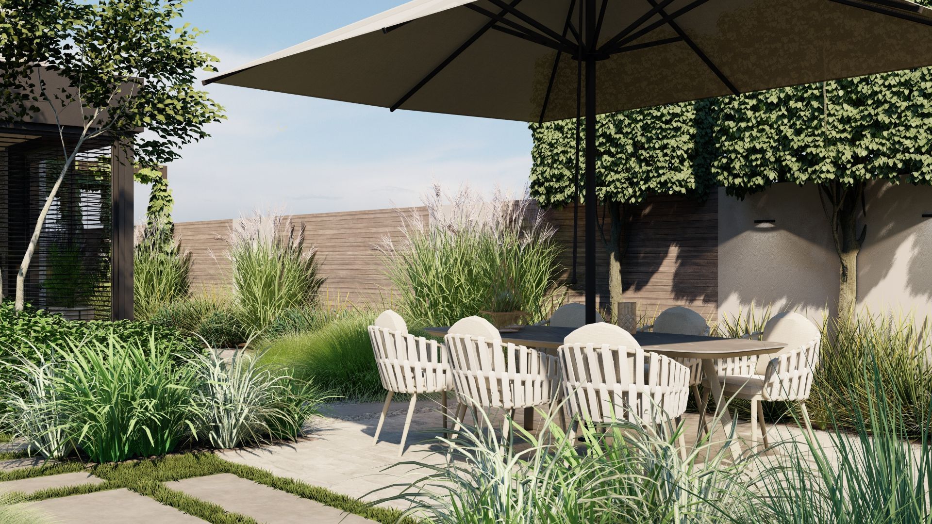 Een terras met een tafel en stoelen onder een parasol.