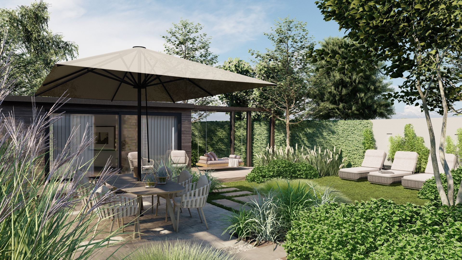 Een impressie van een huis met een grote parasol in de achtertuin.