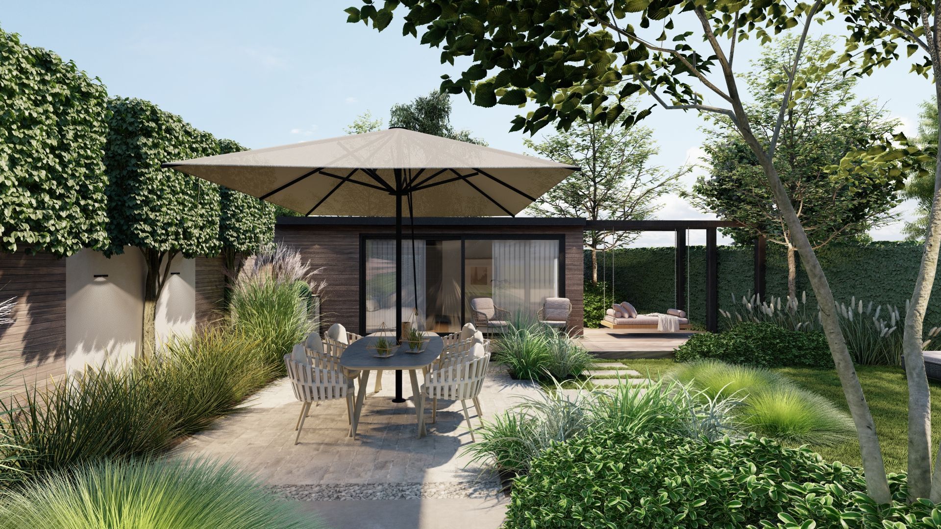 Een impressie van een achtertuin met een tafel en stoelen onder een parasol.