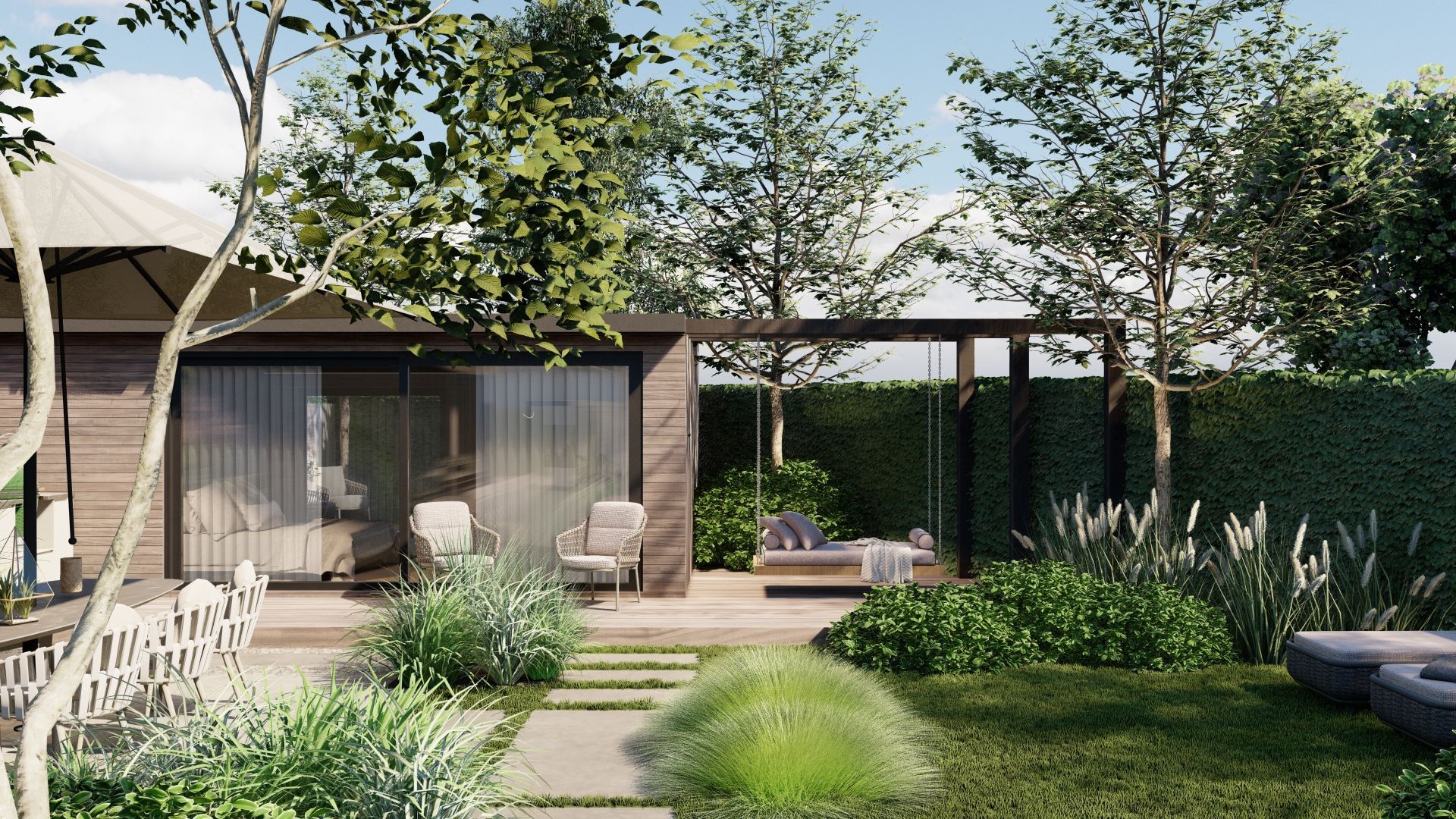 Een impressie van een tuin met een huis op de achtergrond.