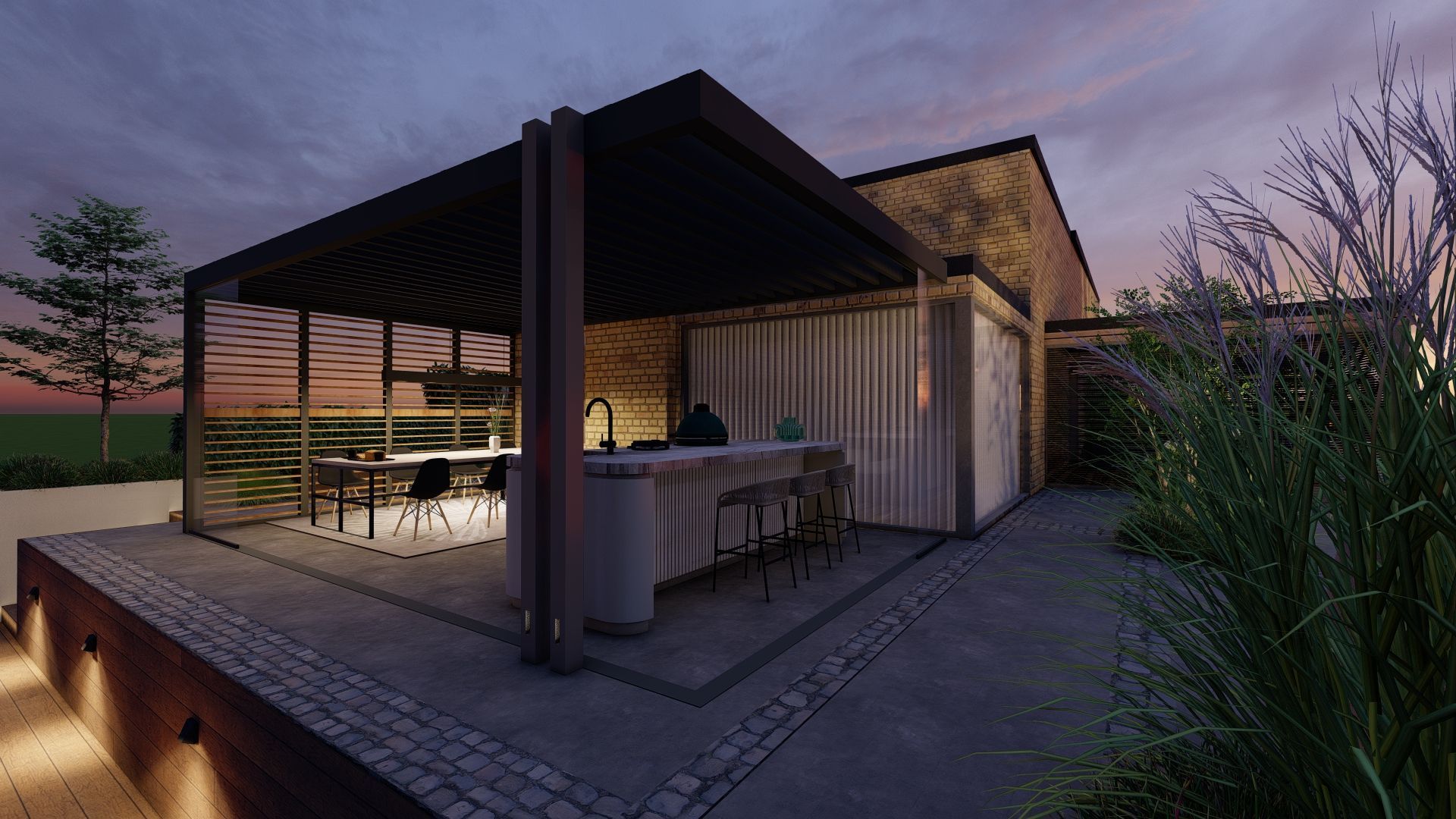 Een 3D-weergave van een huis met een pergola en een terras bij nacht.