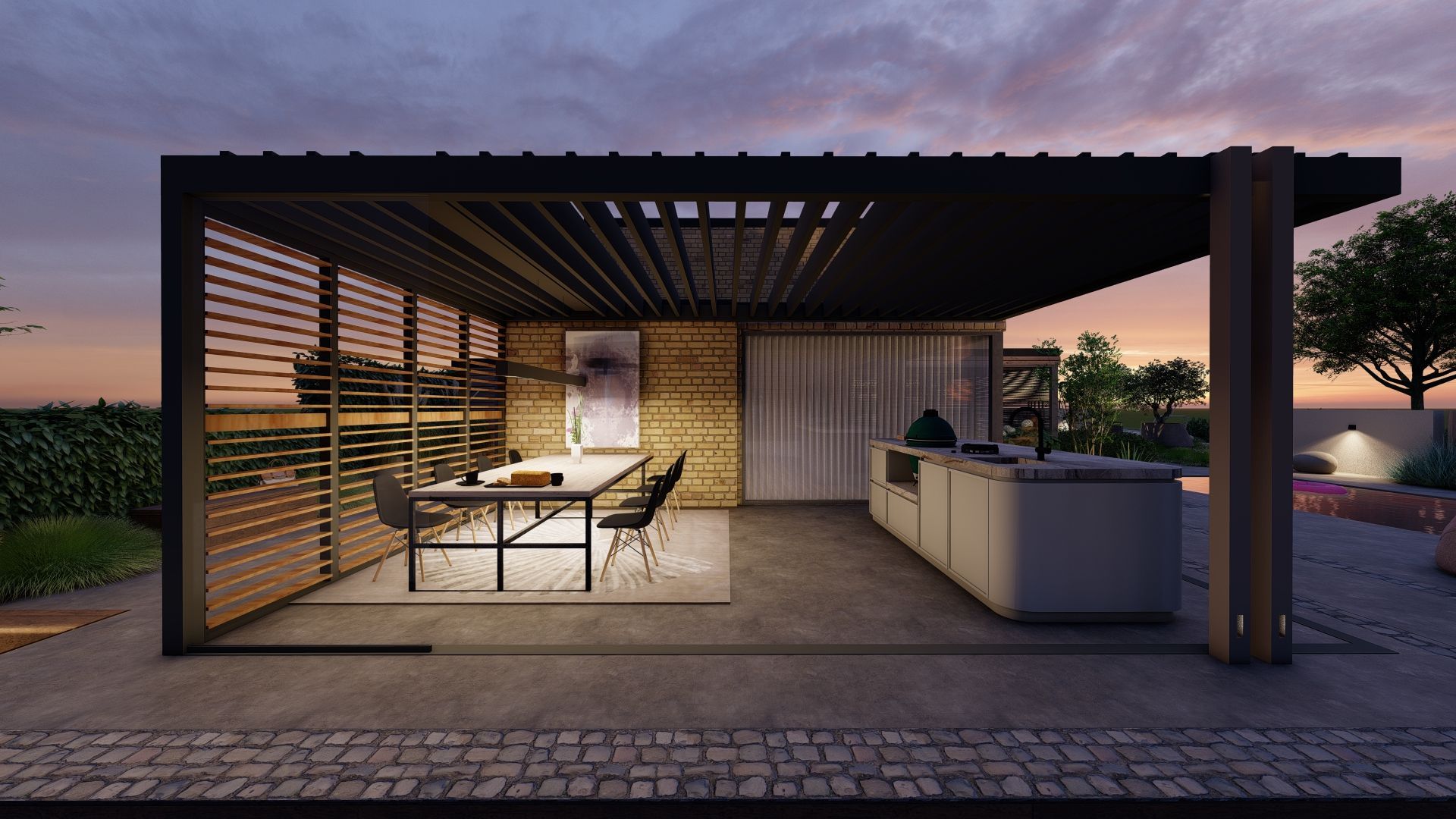 Een pergola met daaronder een tafel en stoelen.