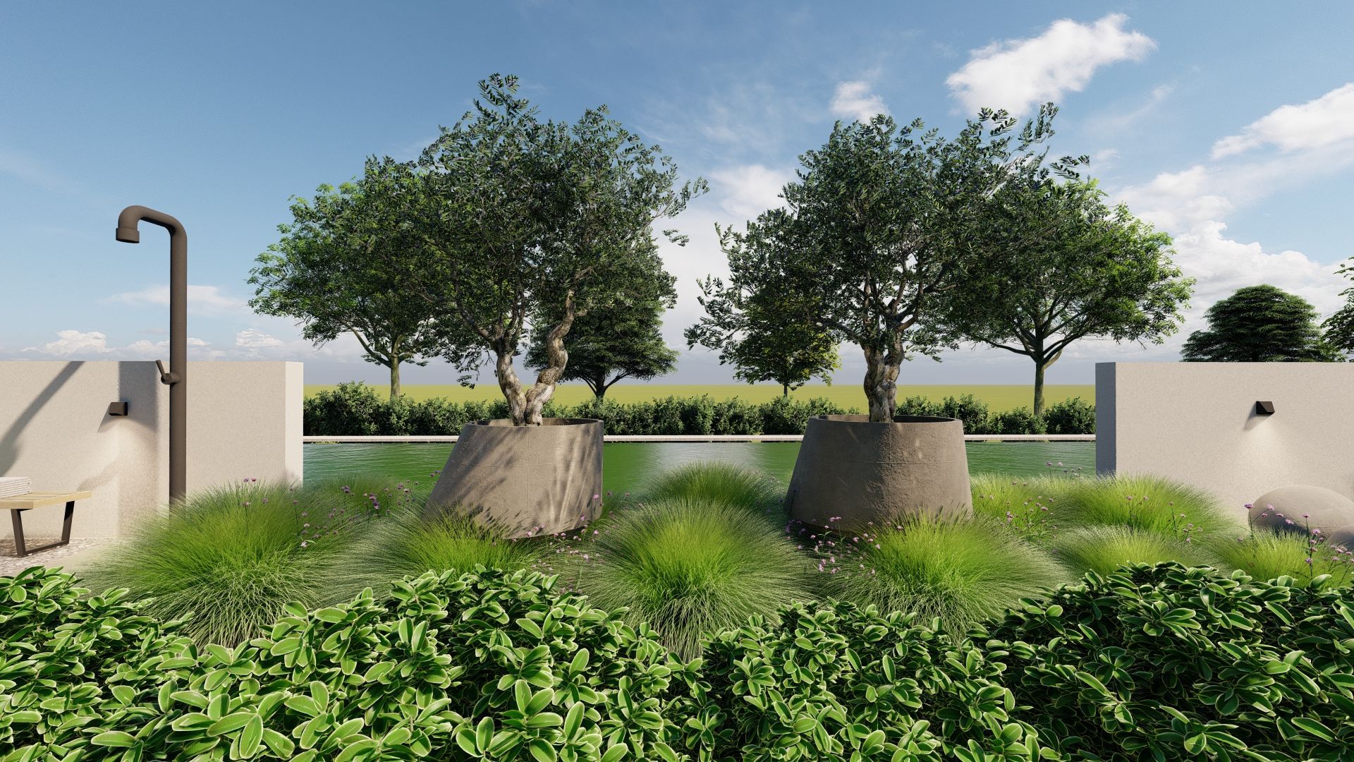 Een weergave van een tuin met bomen en een zwembad.