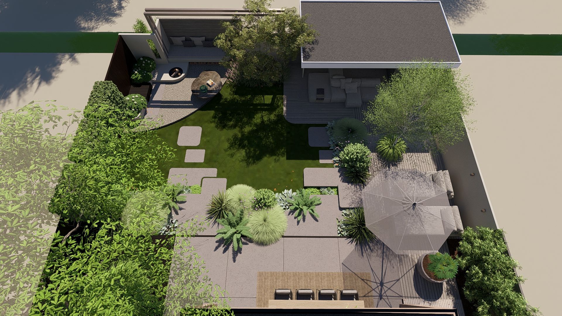 Bovenaanzicht van een modern tuinontwerp met terras, gazon en vuurkuil. Groene begroeiing omringt de ruimte.