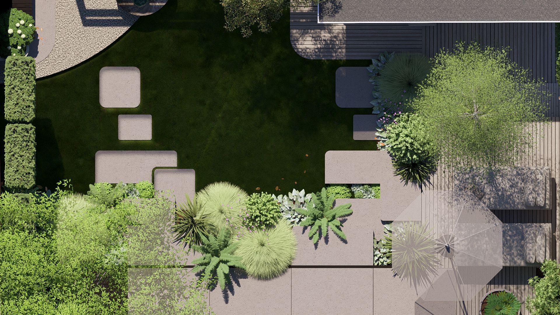 Bovenaanzicht van een modern tuinontwerp met terras, gazon en diverse beplanting.