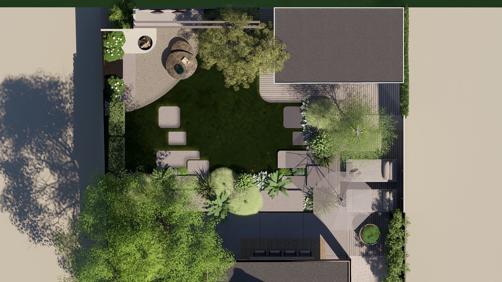 Bovenaanzicht van een moderne tuin met gazon, stapstenen, bomen, terras en een vuurkuil.