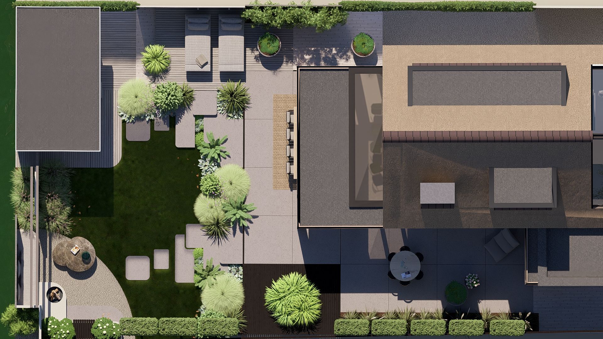 Bovenaanzicht van een modern tuinontwerp met een zwembad, terras en aangelegde groenvoorzieningen.