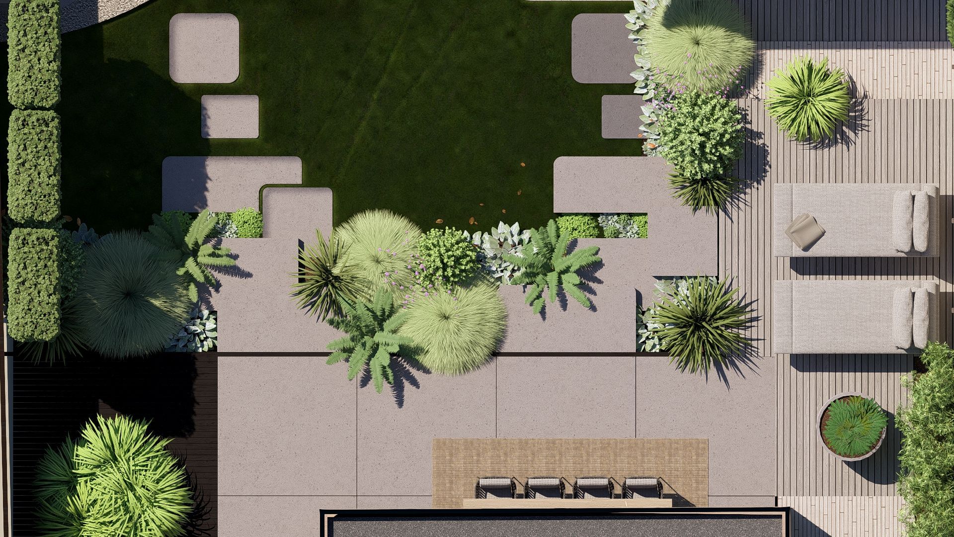 Bovenaanzicht van een moderne achtertuin met gazon, terras en houten vlonder, voorzien van beplanting en zitgelegenheid in de buitenlucht.