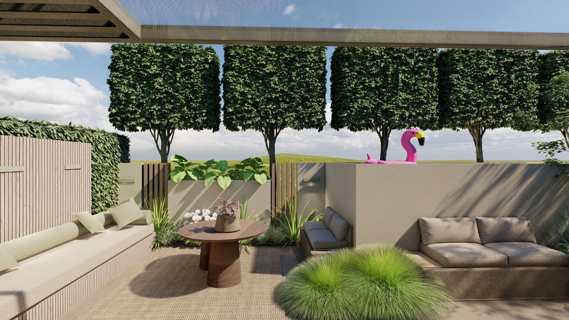 Een impressie van een terras met een roze flamingo op de achtergrond.