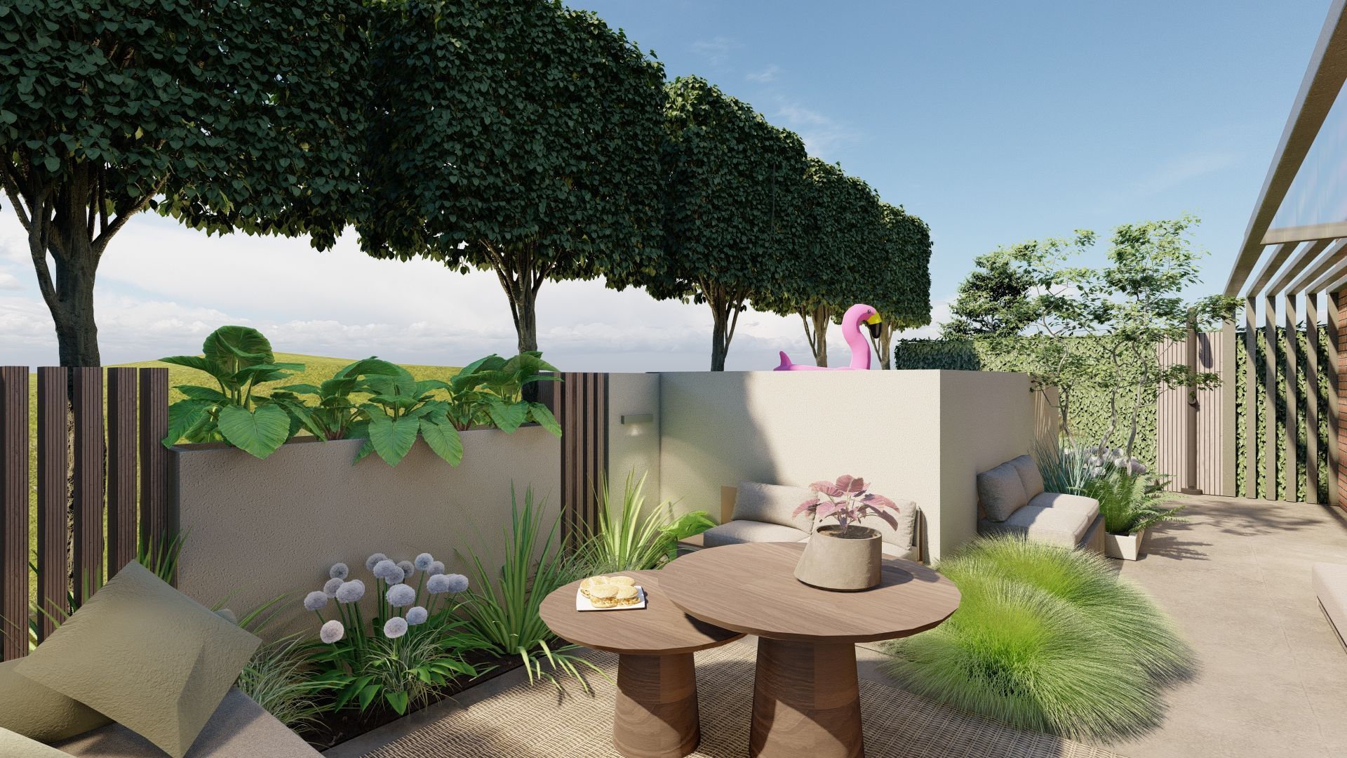 Een impressie van een terras met een tafel en stoelen.