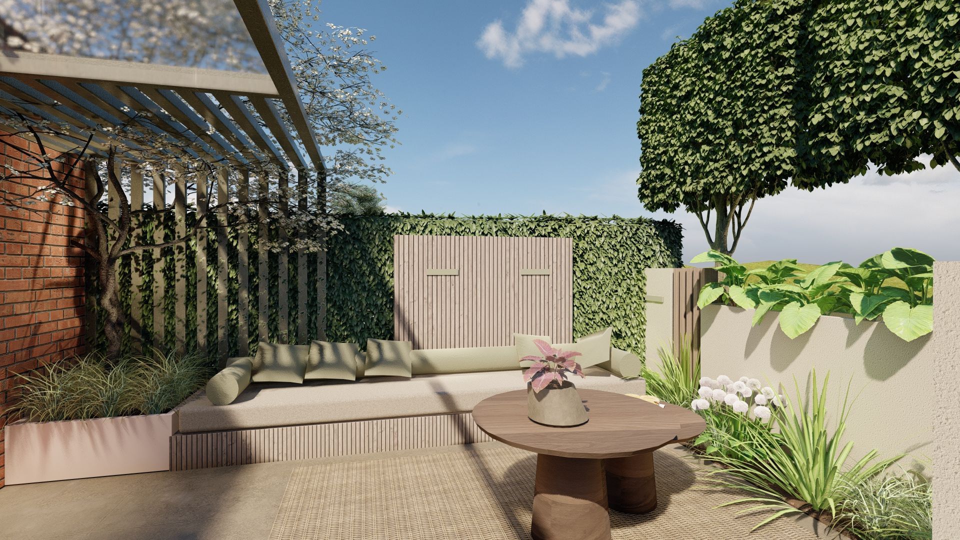 Een impressie van een terras met een tafel en een bank.