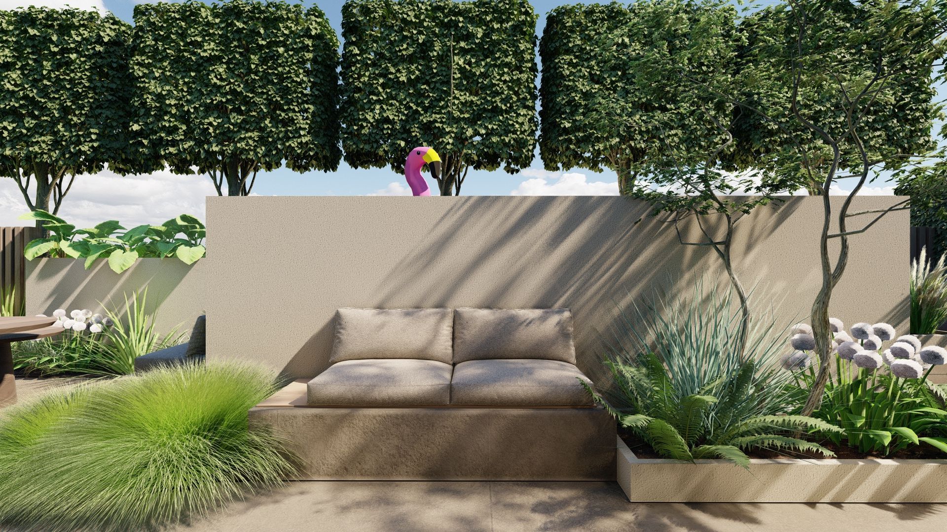 Een weergave van een terras met een bank en bomen.