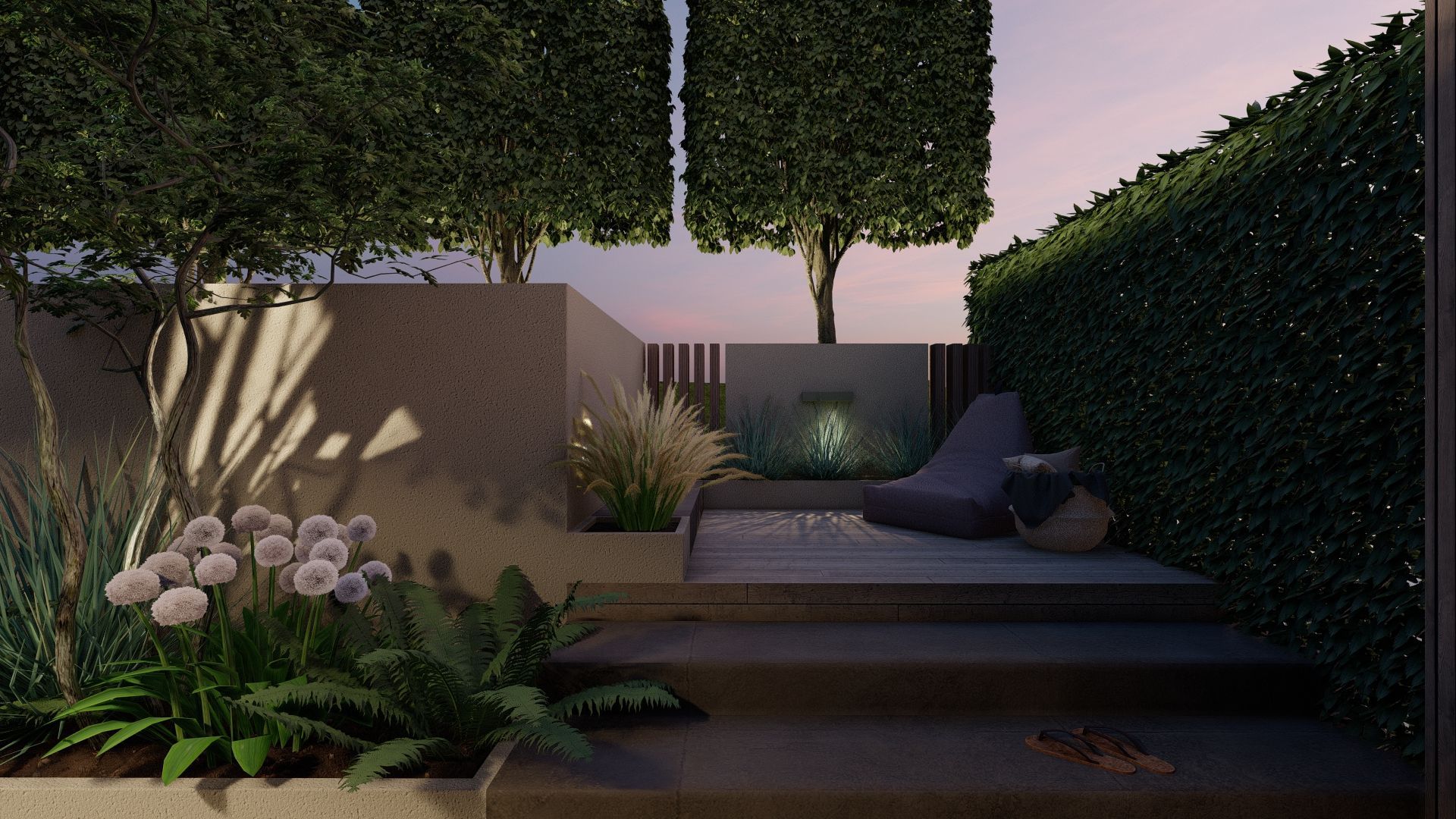 Een 3D-weergave van een tuin met een stoel en een boom.