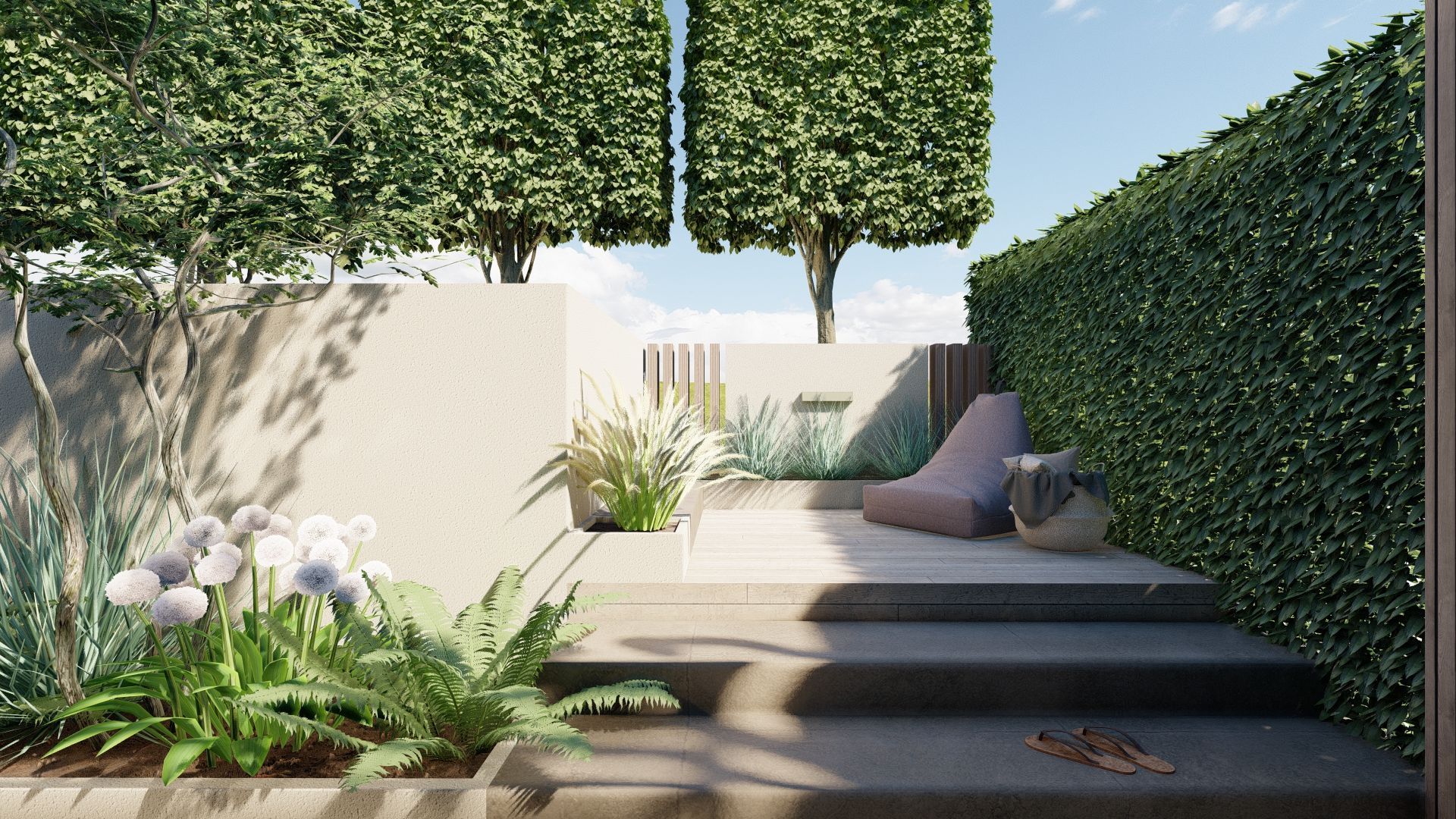 Een impressie van een tuin met trap en stoel.