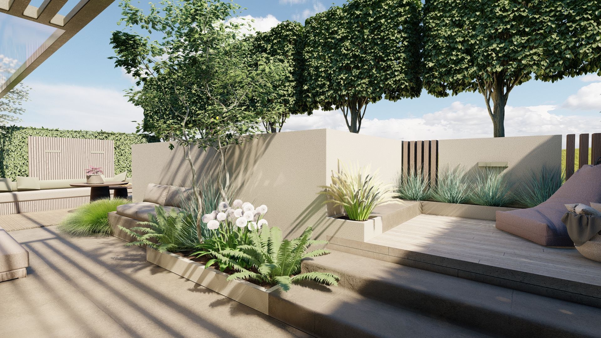 Een 3D-weergave van een terras met een pergola, stoelen, planten en bomen.