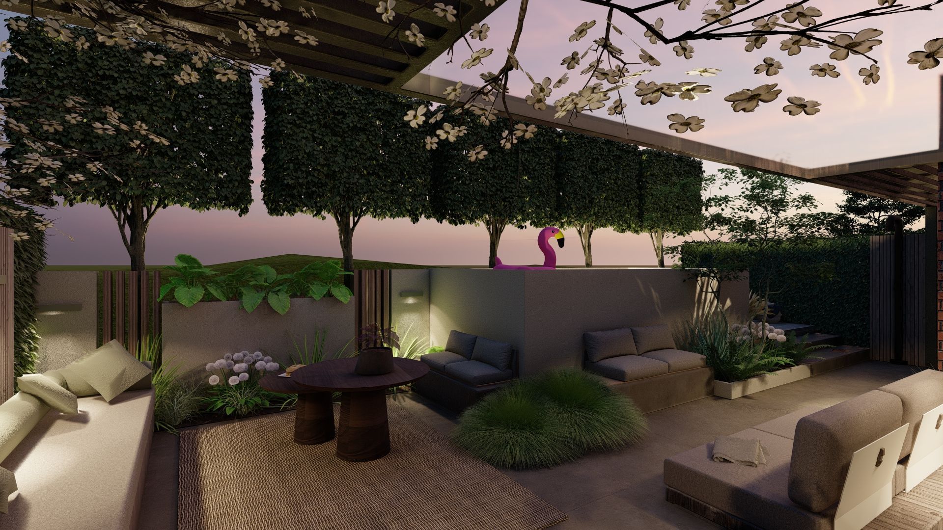 Een impressie van een terras met een tafel en stoelen