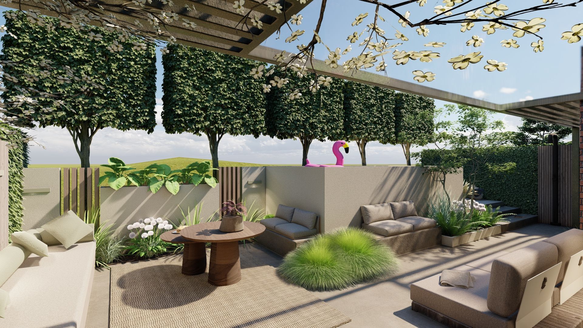 Een impressie van een terras met loungebank en bomen.