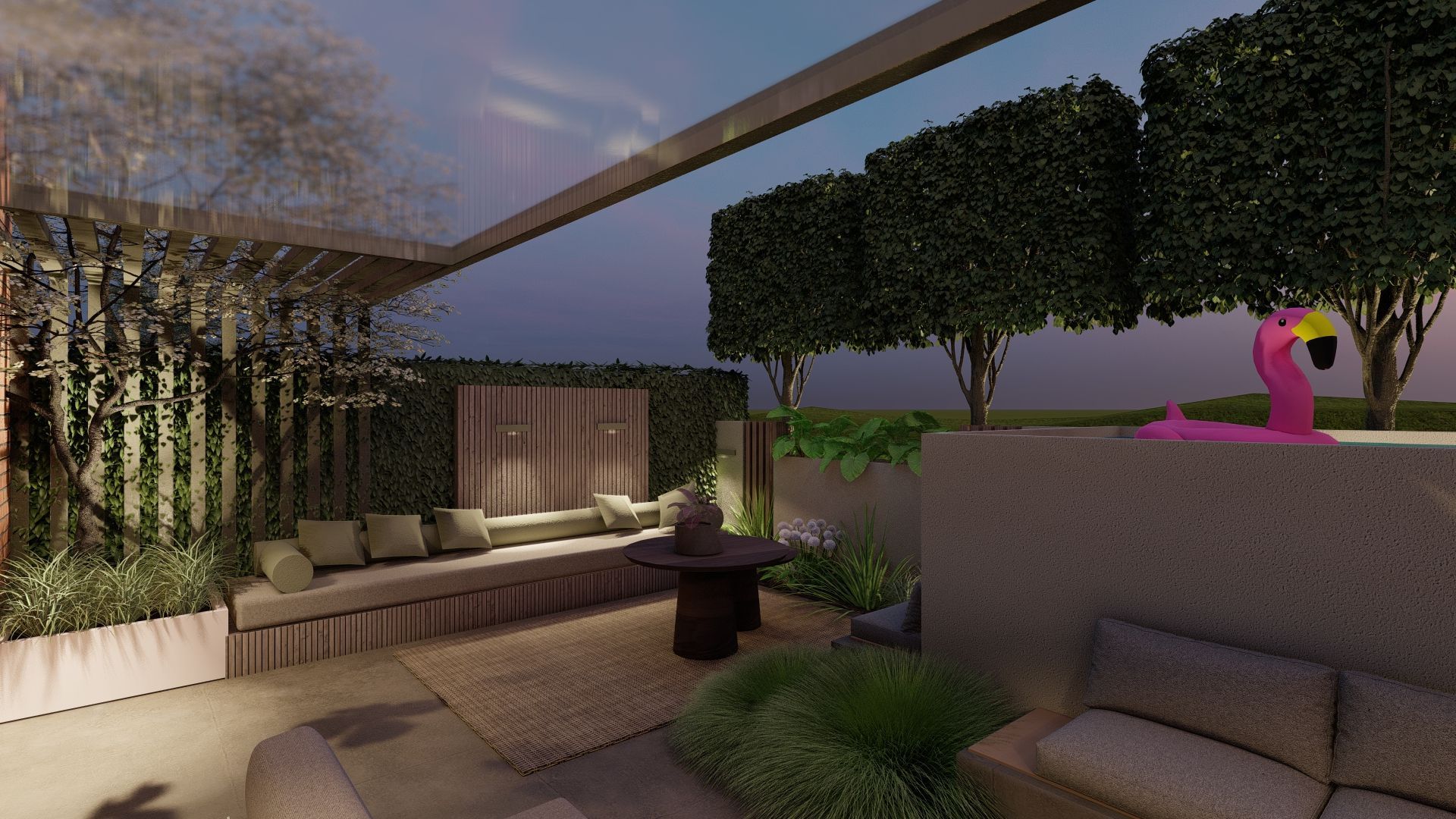 Een weergave van een terras met een roze flamingo die in het water drijft.