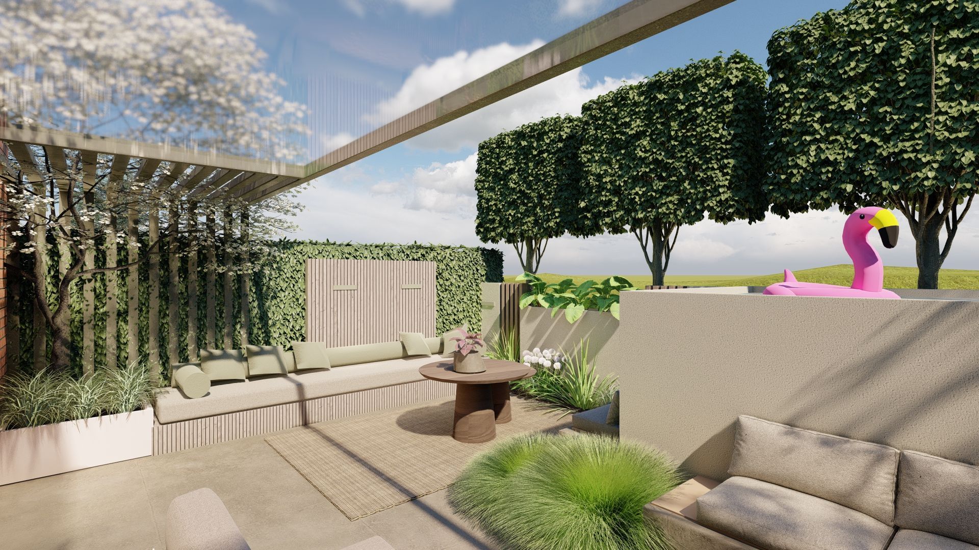 Een impressie van een terras met een roze flamingo-vlot.