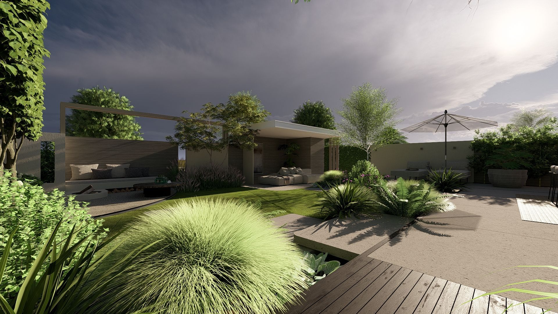 Een weelderige tuin met een houten terras, grasvelden en een modern paviljoen onder een bewolkte hemel.