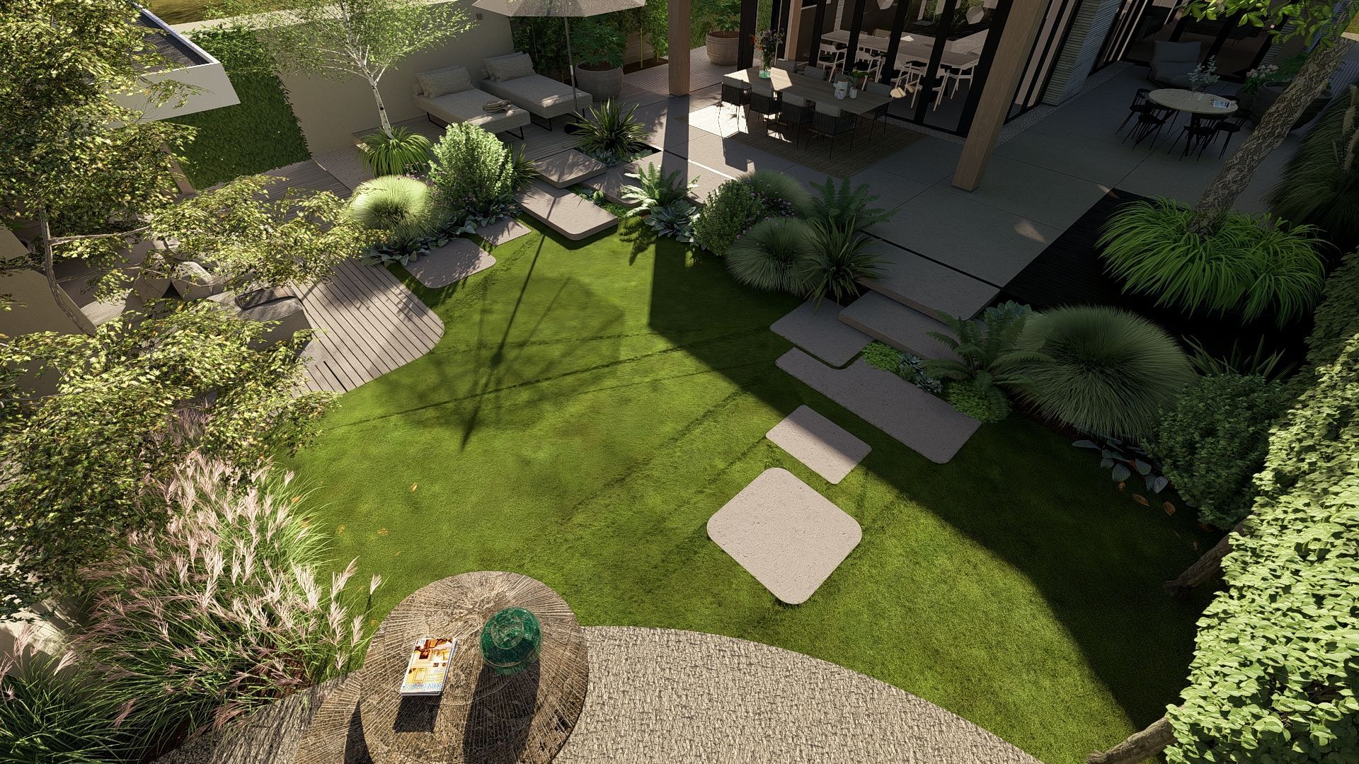 Bovenaanzicht van een moderne achtertuin met een gazon, stapstenen en een terras met zitgelegenheid.