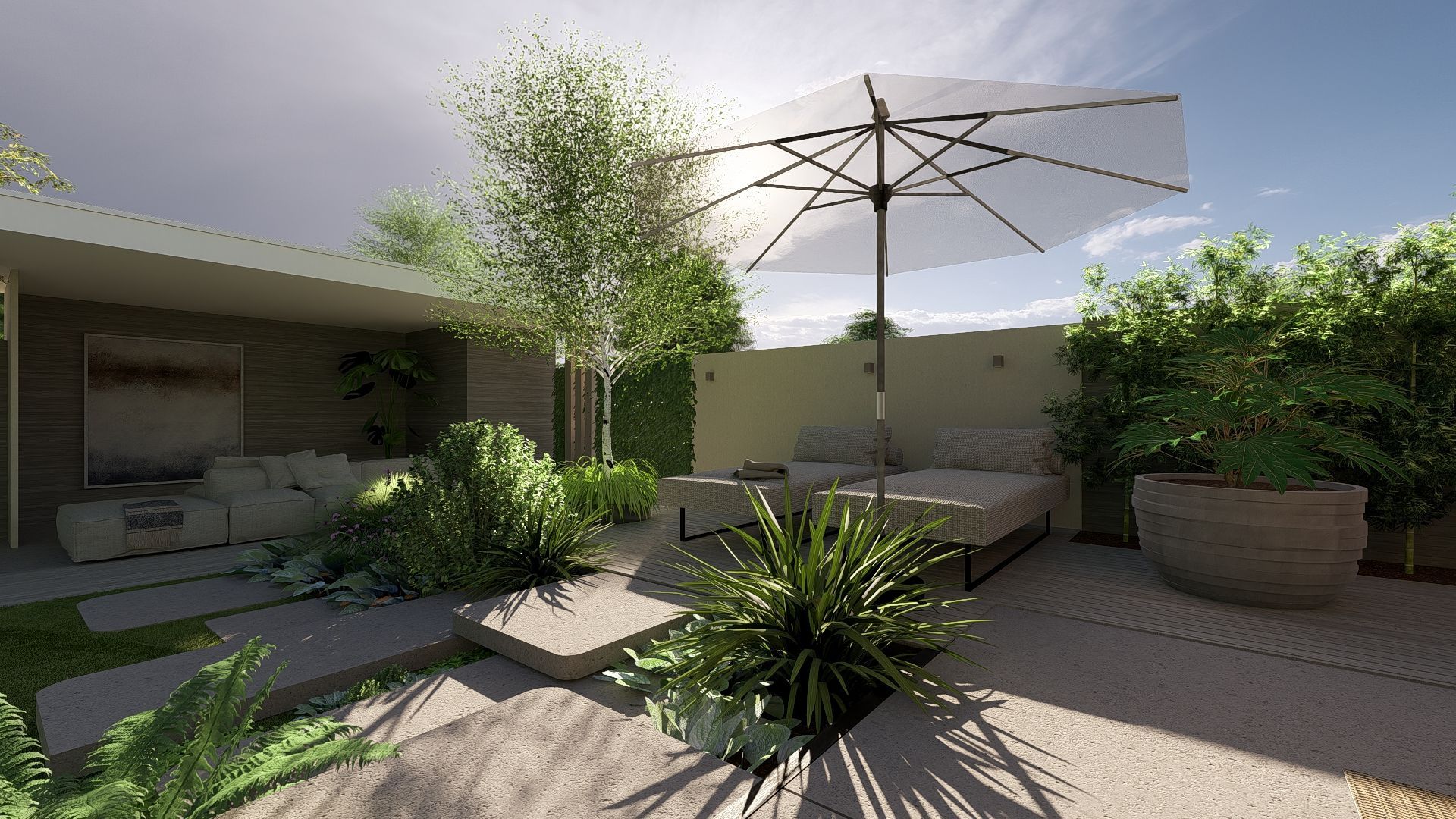 Buitenterras met loungeset, parasol, planten en zonlicht.