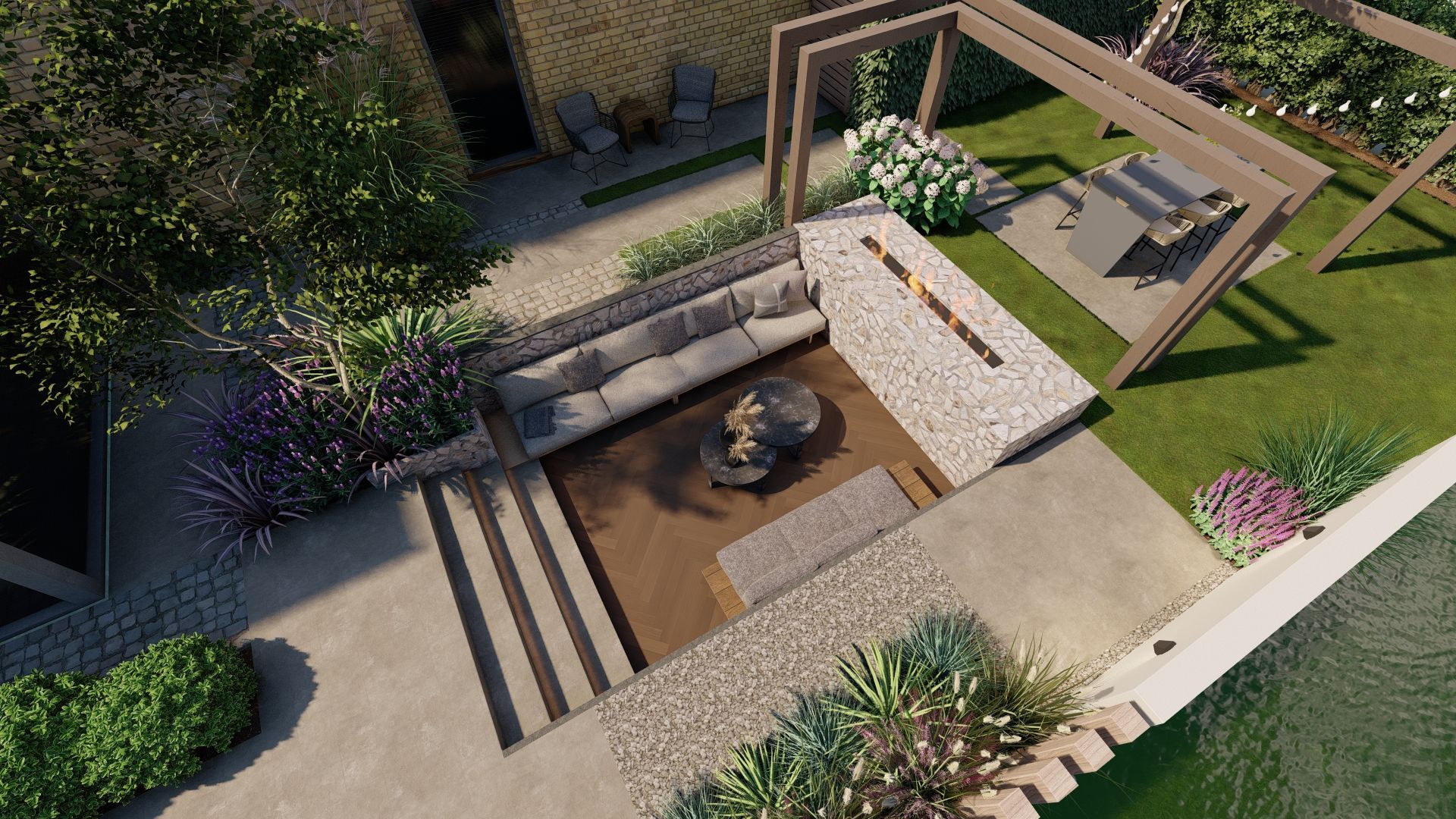 Een luchtfoto van een terras met een bank en een tafel.