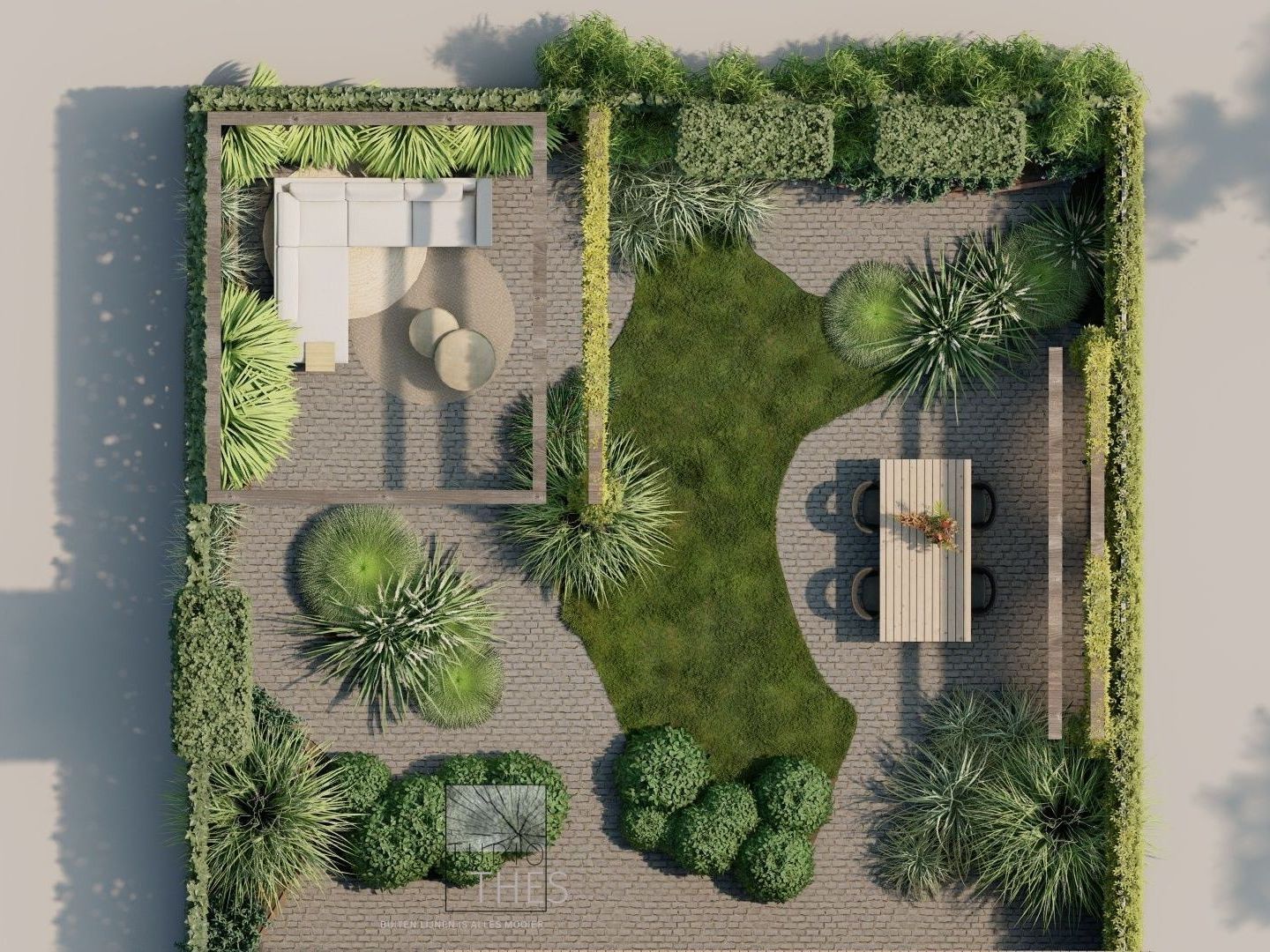 Een luchtfoto van een tuin met een tafel en stoelen